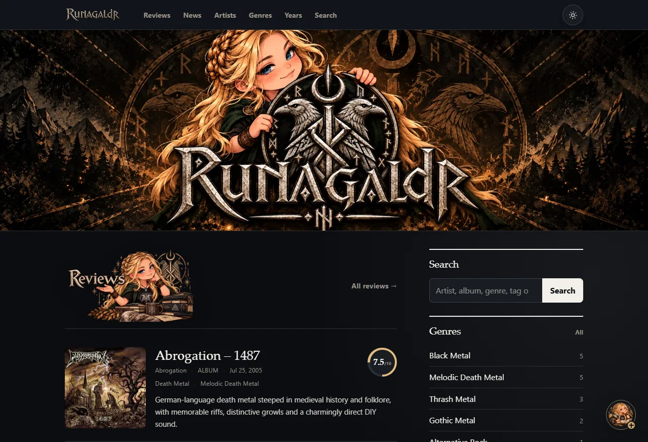 Runagaldr homepage featuring its independent metal reviews and album discovery interface.