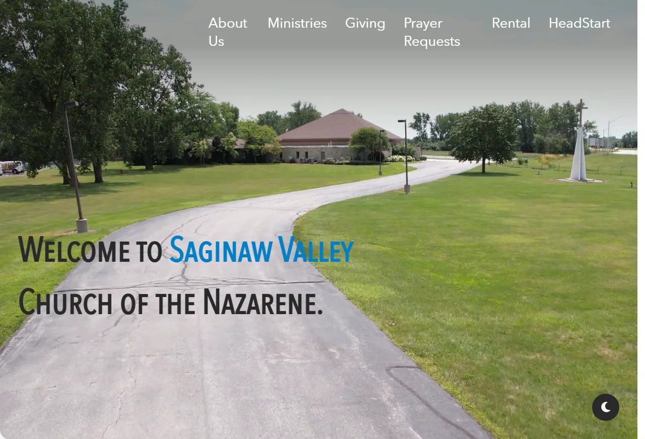 Saginaw Valley Church of the Nazarene website homepage with the church campus and welcome message.